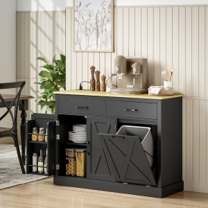 HOMCOM 7 Gallon Tilt Out Garbage Cabinet, Kitchen Island with Charging Station, 2 Drawers, 4 Door Racks, Black