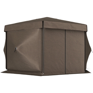 Outsunny 12' x 12' Hexagonal Pop Up Gazebo Canopy Tent with 5 Sidewalls, Outdoor Canopy Shelter with Carry Bag, Brown