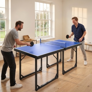 Soozier 6x3ft Compact Midsize Table Tennis Table Multi-Use Family Ping-pong Table Free Standing Folding Blue