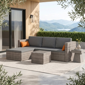 Outsunny 3-Piece Patio Furniture Set Modern Sectional Sofa Rattan Chair Wicker Conversation Set Outdoor Hand Woven Rattan Wicker Furniture Patio Coffee Table Sofa Set, Grey