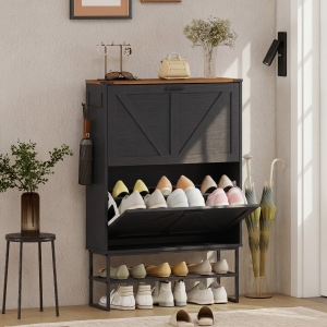 HOMCOM Narrow Shoe Storage Cabinet with 2 Flip Drawers, Slim Shoe Cabinet for 15-20 Pairs, Black Wood Grain