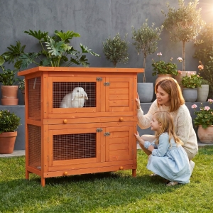 PawHut 2-Tier Wooden Rabbit Hutch Small Animal House Bunny Pet Cage with 2 Main Rooms, Sliding Tray, Opening Top, Yellow