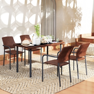 Outsunny 5 Pieces Outdoor Dining Set for 4, PE Wicker Rattan Patio Furniture Set with Stackable Chairs and Glass Table Top
