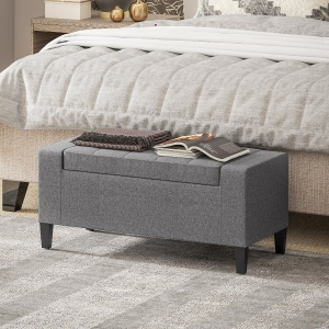 HOMCOM 36" Storage Ottoman Bench, Linen-Look Fabric End of Bed Bench with Solid Wood Frame and Legs, Tufted Storage Chest, Footrest for Living Room, Bedroom, Entryway, Grey