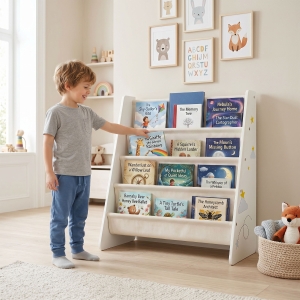 Qaba Fabric Kids Bookshelf, 4-Tier Toddler Sling Book Rack for Playroom, Bedroom, Nursery and Kids Room for Ages 3-6, White