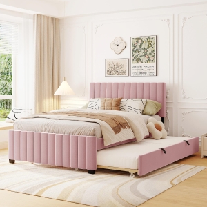 Space-Saving Full Size Upholstered Platform Bed with Twin-Size Trundle, Solid Bed Frame with 10 Reinforced Slats, 80" L x 58" W x 46" H, Pink