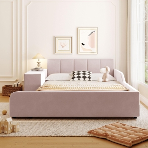 Full Size Upholstered Platform Bed with Bedside Desk and Stool, Cozy Bed Frame with Streamlined Structure, 79.5" L x 68" W x 28" H, Pink