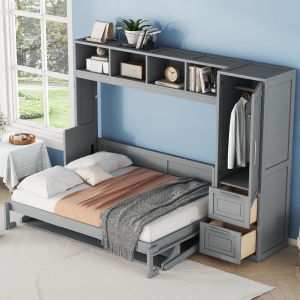 Space-Saving Full Size Murphy Wall Bed with Integrated Shelf, Customizable Bed Frame with Closet and 2 Drawers, 107.5" L x 58" W x 72" H, Gray