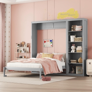 Space-Saving Murphy Bed with 5-layer Folded Cabinet, Solid Murphy Bed Frame with 600 lbs Weight Capacity, 87.5" L x 15.5" W x 83.5" H, Gray