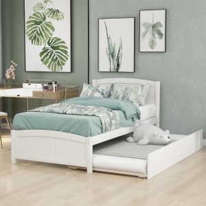 Space-Savimg Twin Size Wood Platform Bed with Roll-Out Trundle, Solid Bed Frame with 10 Supporting Slats, 79.5" L x 41.5" W x 37.5" H, White