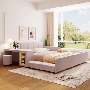 Queen-Size Upholstered Platform Bed with Bedside Desk and Stool, Cozy Bed Frame with Streamlined Structure, 84.5" L x 74" W x 28" H, Pink