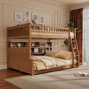 Full XL Over Queen Bunk Bed with Bulit-In Storage Shelf and Safety Rope, Useful Bed Frame with Pegboard Side Panel, 83.5" L x 62.5" W x 59" H, Brown