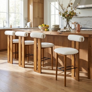 Plush Sherpa Bar Stool Set of 4 with High-Resilience Foam, Indoor Bar Chairs with Premium Rubber Wood Frame, 19'' L x 23'' W x 43'' H, Walnut+White