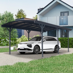Arched Outdoor Carport with Polycarbonate Waterproof Panels, Covered Driveway Shelter with Durable Frame,118'' L x 227'' W x 86'' H, Gray