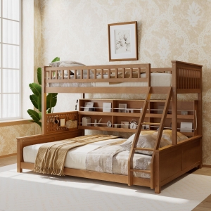 Twin XL Over Queen Bunk Bed with Built-In Storage Shelf and Safety Rope, Useful Bed Frame with Pegboard Side Panel, 83.5" L x 62.5" W x 59" H, Brown