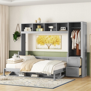 Queen Size Murphy Wall Bed with Storage Shelf, Space‑Saving Bed Frame with Integrated Closet and 2 Drawers, 112" L x 65" W x 78.5" H, Gray