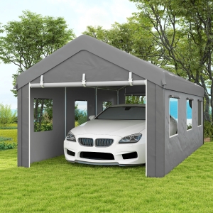 Outsunny 10' x 20' Carport, Heavy Duty Portable Garage with 6 Mesh Windows and 2 Doors, Light Grey