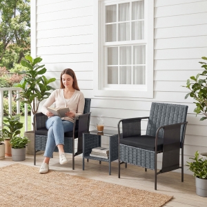 Outsunny 3 Piece Wicker Patio Furniture Set, Outdoor Bistro Set, Side Pockets, Mesh Seat, 2 Tier Glass Table, Cushions, Black