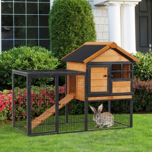 PawHut Rabbit Hutch Outdoor, 48"L Large Wooden Bunny Cage with Run, Bite-Resistant Metal Frame, Removable Plastic Tray, Asphalt Roof, Ramp, Guinea Pig Cage for 1-2 Rabbits, Yellow