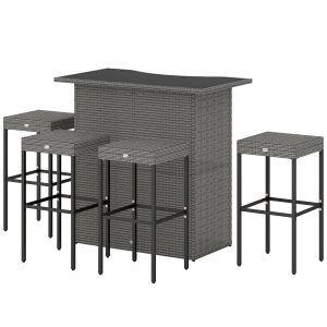 Outsunny 5 Piece Rattan Wicker Bar Set, High Top Outdoor Table and Chairs, Bar Height Patio Set, 2 Shelves & 4 Bar Stools, Gray