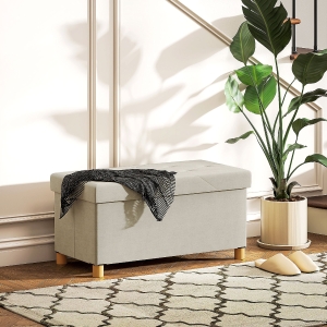 HOMCOM Storage Ottoman Bench, Velvet Upholstered Foldable Ottoman Footrest, Foot Stool with Wood Legs for Living Room, Bedroom