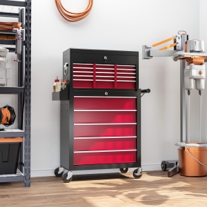 HOMCOM 14 Drawer Rolling Tool Chest, Lockable Tool Storage Cabinet with Detachable Top Toolbox, Protective Liner, Red