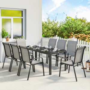 Outsunny 9 Pieces Patio Set with Stackable Chairs, Patio Dining Set with Glass Top for Garden, Patio, Backyard, Light Grey
