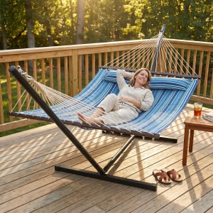 Outsunny Hammock with Stand Heavy Duty Camping Hammock with Steel Frame for Patio Backyard Blue and White