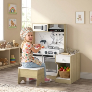 Qaba Kids Kitchen Playset, 2-in-1 Convertible Table and Chair Set with Sink, Oven, Microwave, Accessories for 3-8