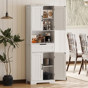 HOMCOM Kitchen Buffet with Hutch, 68" Tall Kitchen Pantry Cabinet with Small Open Counter, 4 Doors, Drawer, White