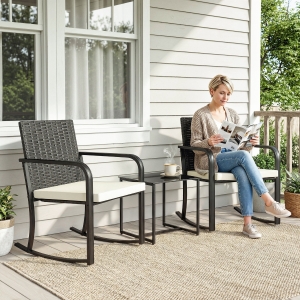 Outsunny 3 Pieces Rocking Bistro Set Outdoor Patio Furniture Set with Cushions, Glass Coffee Table for Balcony, Cream White