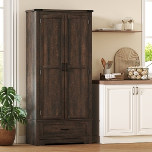 HOMCOM 69" Tall Farmhouse Kitchen Pantry Cabinet with 2 Doors, Drawer and Adjustable Shelves, Dark Brown