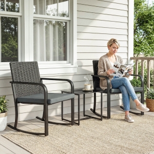Outsunny 3 Pieces Rocking Bistro Set Outdoor Patio Furniture Set with Cushions, Glass Coffee Table for Balcony, Grey