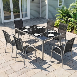 Outsunny 7 Piece Garden Dining Set, Garden Furniture Set with Rectangle Table and 6 Stackable Chairs