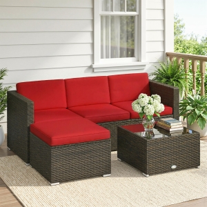 Outsunny 3 Pieces Patio Furniture Set with Cushions, Outdoor PE Rattan Wicker Conversation Corner Sofa Set with Glass Top Table