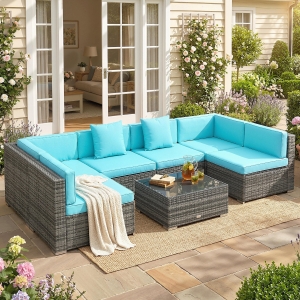 Outsunny 7 Pieces Outdoor Rattan Furniture Set, Patio Wicker Sectional Conversation Sofa Set, Blue