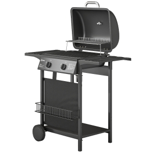 Outsunny 2 Burner Propane Gas Grill, 18000 BTU BBQ Grill with Wheels, Warming Rack, Shelf, Thermometer, Grease Cup, Black