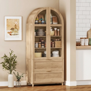 HOMCOM Arched Kitchen Pantry Cabinet, 71" Tall Farmhouse Kitchen Storage Cabinet with 2 Drawers, Acrylic Glass Doors, Oak
