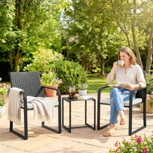Outsunny Outdoor Bistro Set, 3 Piece Wicker Patio Furniture with Mesh Seat, Glass Table, Cushions for Porch, Balcony, Cream White
