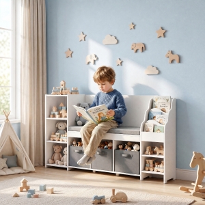 Qaba Kids Storage Shelf with Reading Nook, Toy Storage Organizer with Seat Cushion, 3 Fabric Drawers for Playroom, Nursery