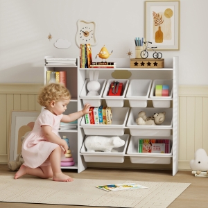 Qaba Kids Toy Organizers and Storage with 8 Removable Storage Bins and Bookshelf, White