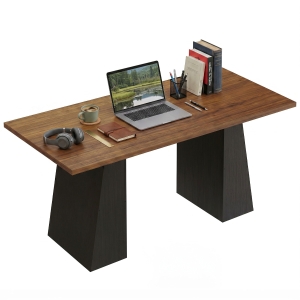 HOMCOM 63 Inch Computer Desk with Trapezoidal Frame Light Walnut and Black