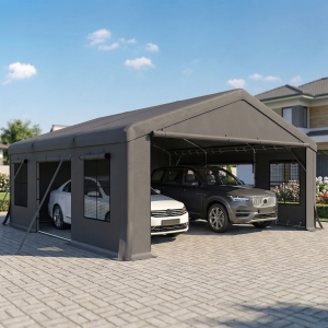 Outsunny 20' x 20' Heavy Duty Carport, Portable Garage Car Canopy Tent Shelter with 3 Roll-up Doors, 4 Windows, Dark Grey
