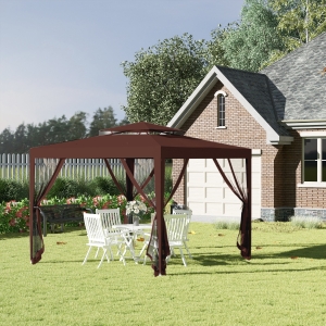 Outsunny 10' x 10' Outdoor Canopy Tent Party Tent with Mesh Netting and Double Tier Roof for Backyard, Garden, Patio, Brown