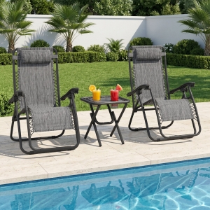 Outsunny Zero Gravity Chair Set of 2 Patio Chair with Side Table Cupholders and Pillows for Pool, Backyard, Lawn, Dark Grey