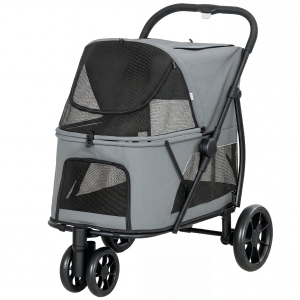 PawHut 3 Wheel Pet Stroller with Easy One-Click Quick Fold, Mesh Window, Washable Cushion, for Medium Dogs, Gray
