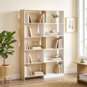 HOMCOM Corner Bookshelf, 5-Tier L-Shaped Bookcase with 350° Rotating Design, Two-Tone Design, Fruitwood/White