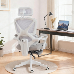 HOMCOM Mesh Desk Chair with Adjustable Headrest, Reclining Ergonomic Office Chair with Footrest, Light Grey