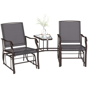 Outsunny Outdoor Glider Chairs with Coffee Table, Patio 2-Seat Rocking Chair Swing Loveseat with Breathable Sling for Backyard, Garden, and Porch, Gray