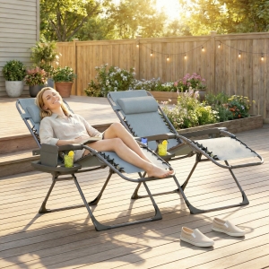 Outsunny Zero Gravity Chair Set of 2, Folding Reclining Outdoor Lounge Chair with Cup Holder, Headrest, Light Grey